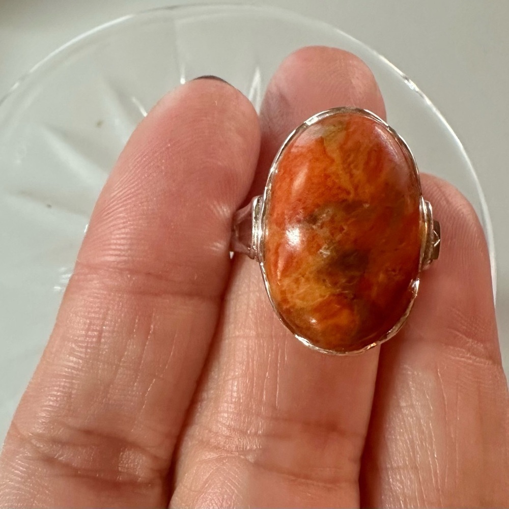 Vintage Red Coral and 925 Silver Ring with Cabochon Stone cut. - Picture 5 of 8